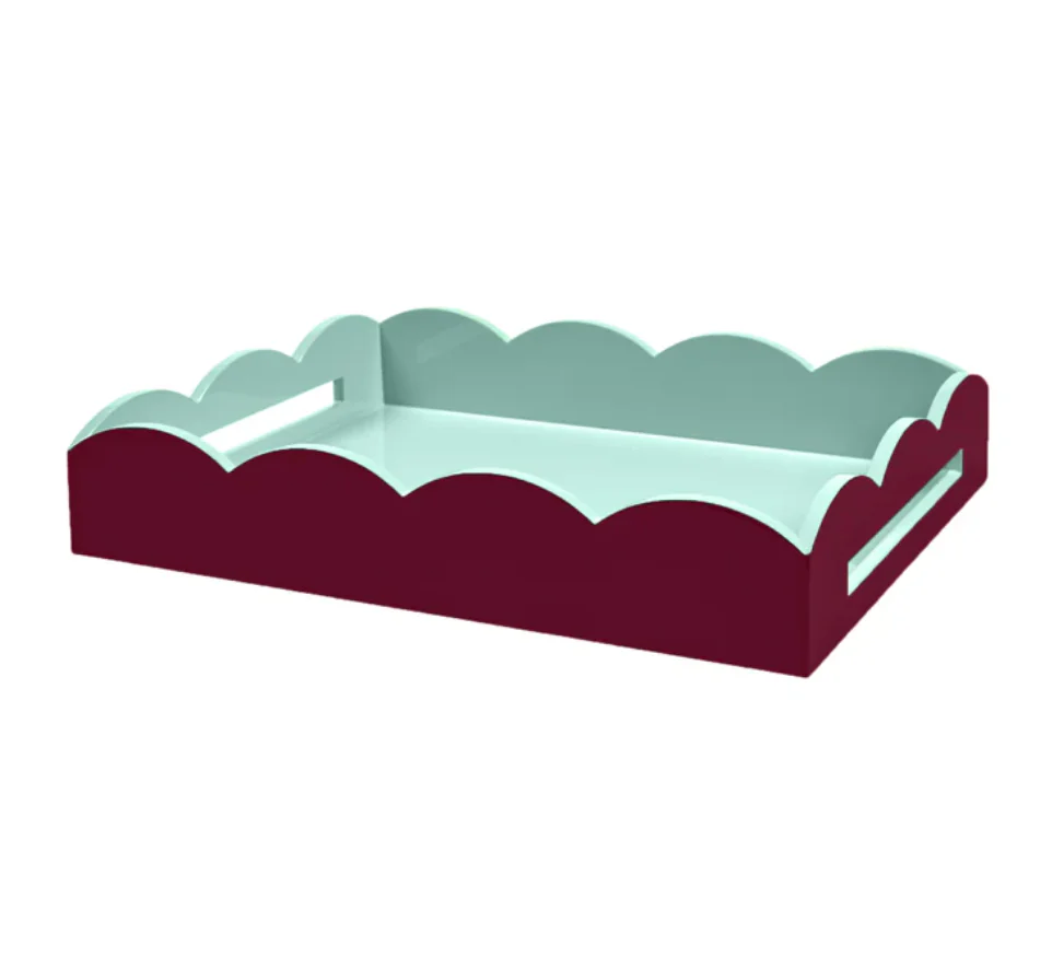 Addison Ross Small Scalloped Lacquered Tray – Cherry & Eau de Nil – 11” x 8”