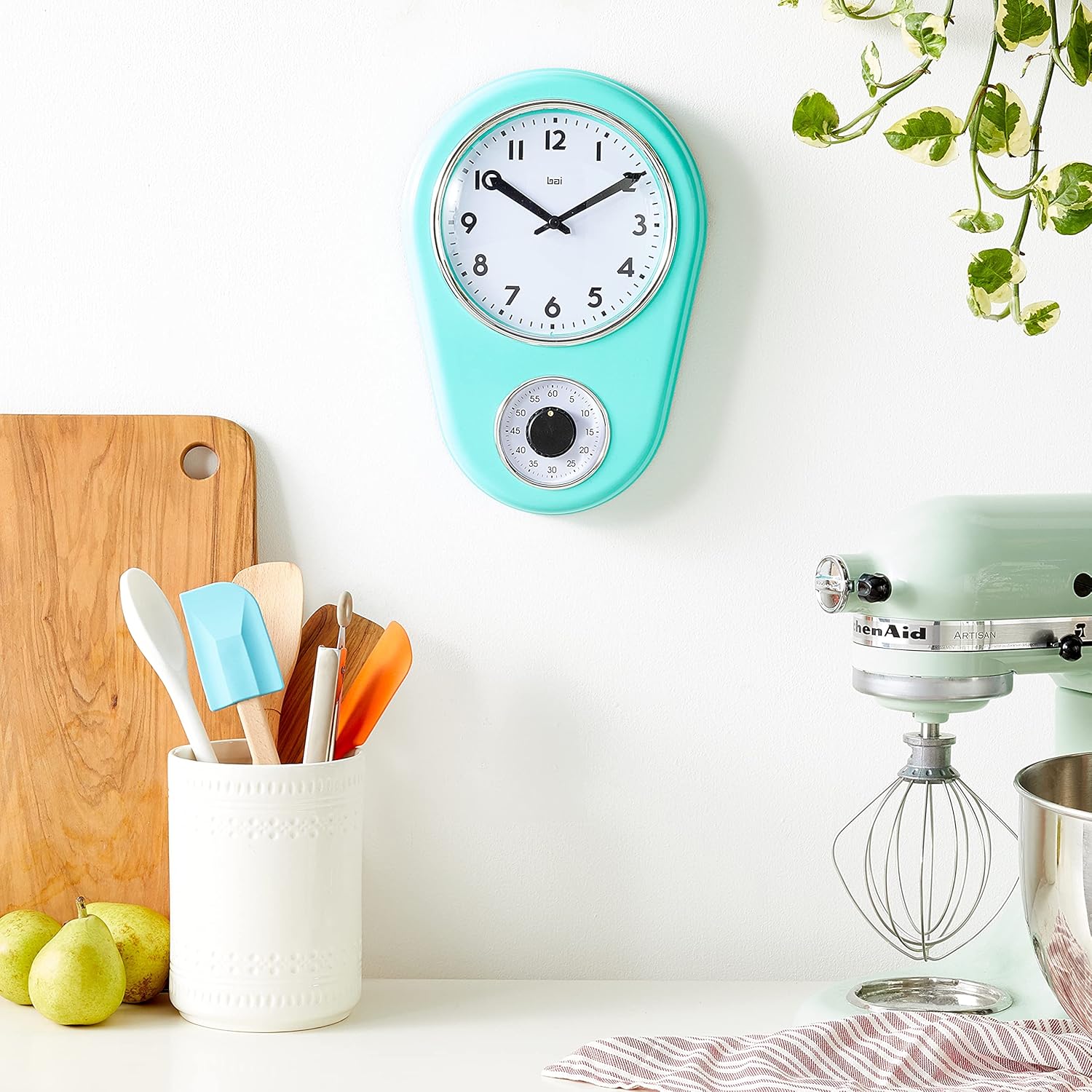 Bai Retro Kitchen Timer Wall Clock – 8" x 12" – Turquoise - Image 3
