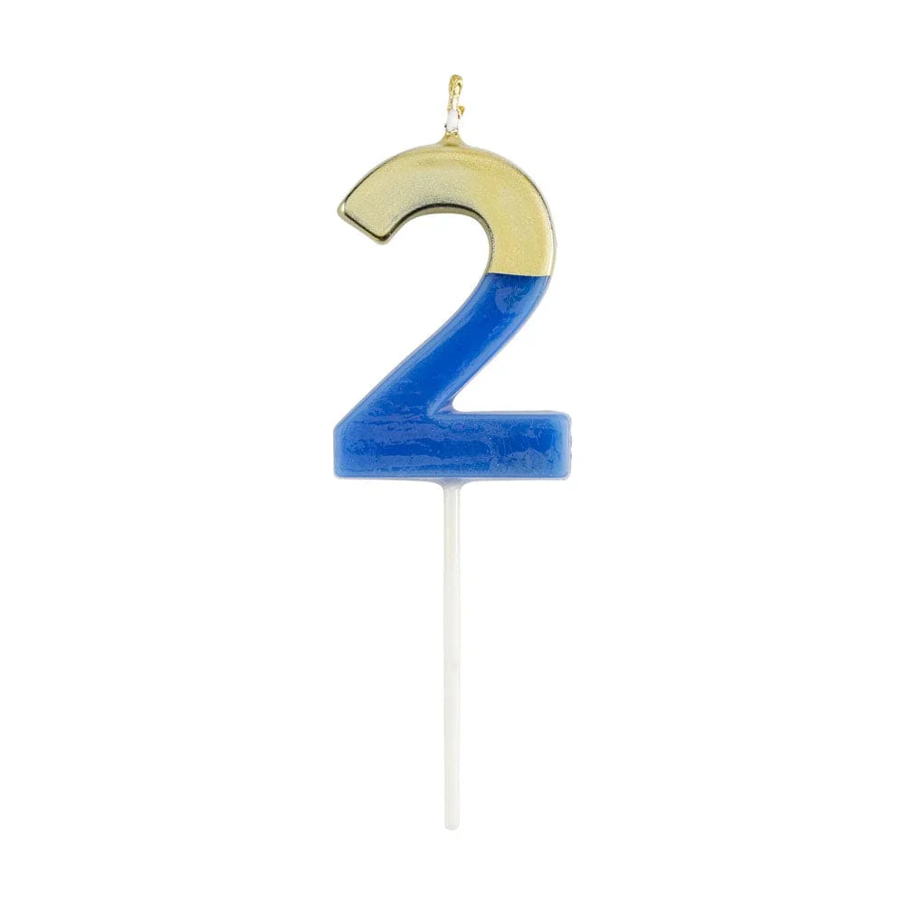 Caspari Gold-Dipped Die-Cut Number Candle – French Blue – "2"