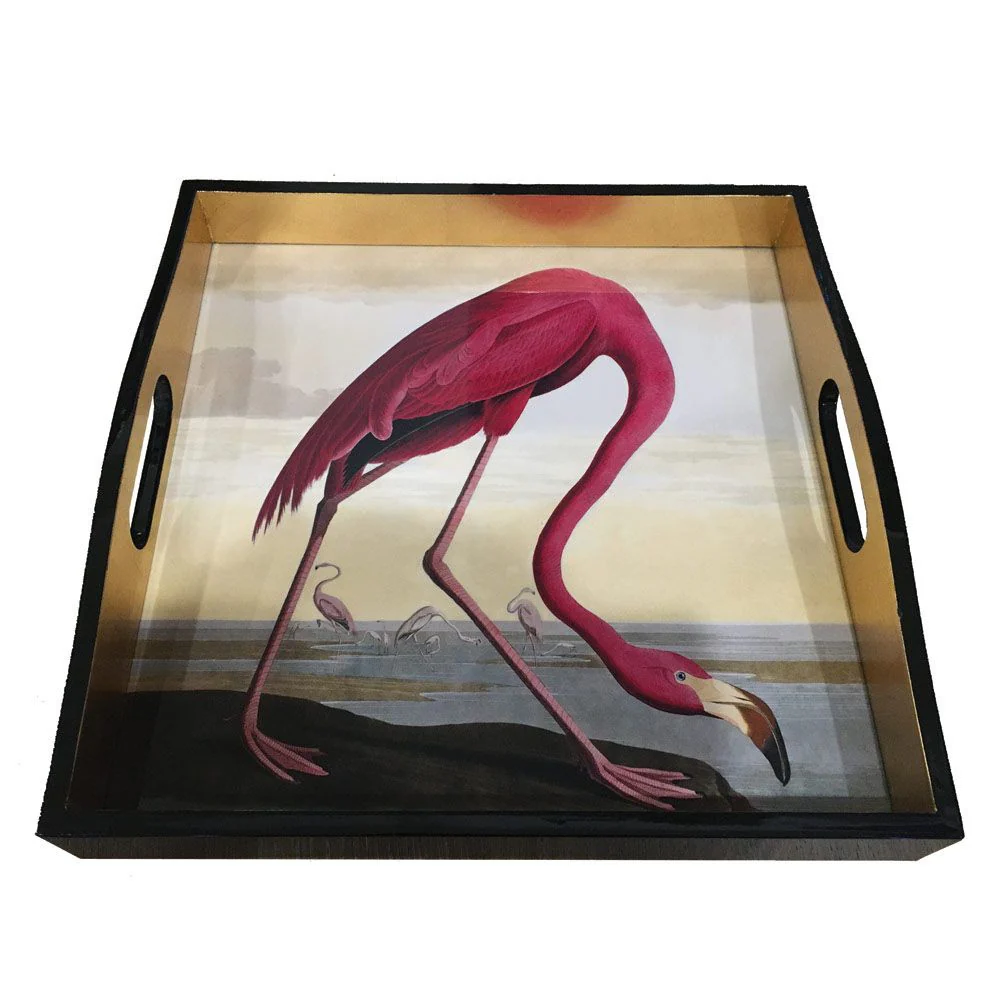 Caspari Lacquer Square Tray, Audubon Birds Flamingo - Image 4