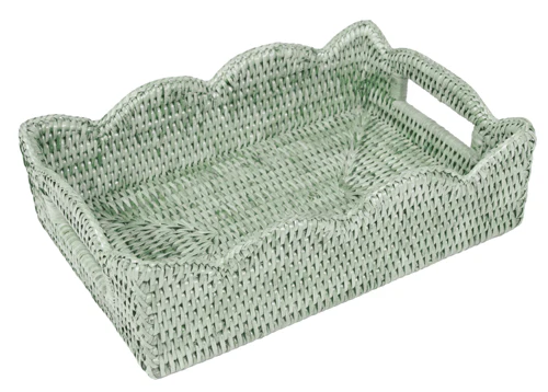 Caspari Rattan Scalloped Small Tray – Green – 11” x 7.5” x 3"
