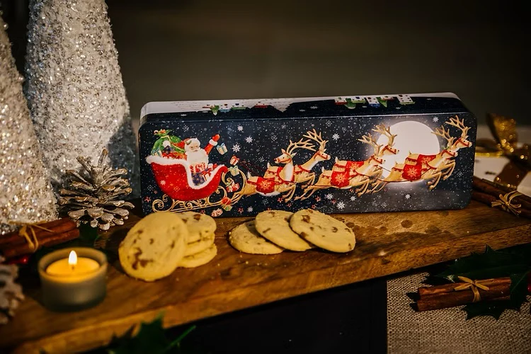 Cookie Filled Christmas Flying Santa Tin – 12" x 4" – 8oz - Image 3