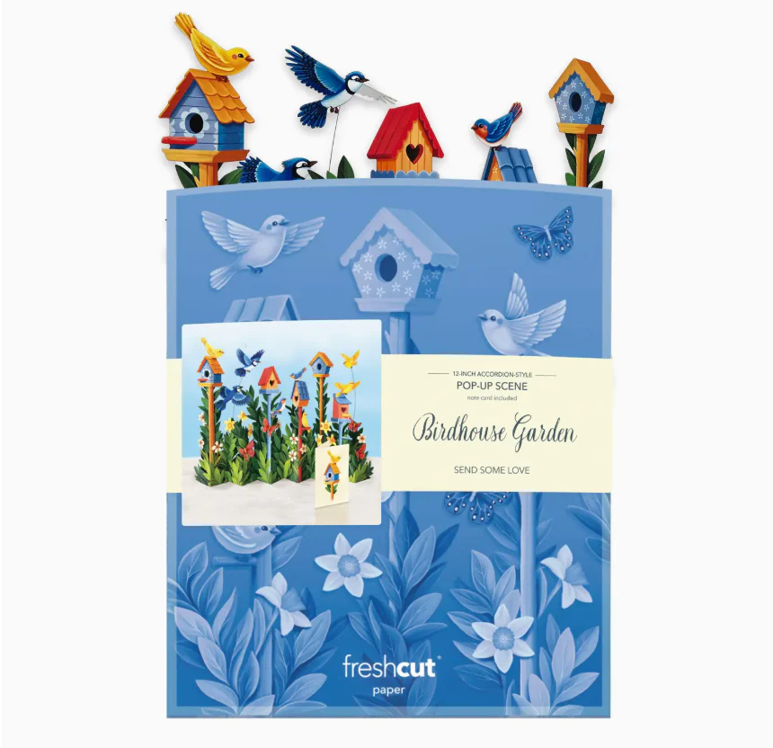 Fresh Cut Paper Mini 3D Pop Up Greeting Note Card – Birdhouse Garden – 6" x 5" - Image 2