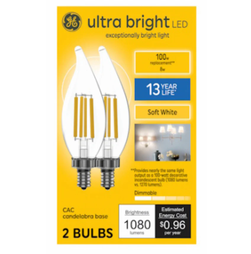 GE LED Candle-Shape Ultra Bright Light Bulbs-Candelabra Base-Soft White -8 Watt – 2-Pk