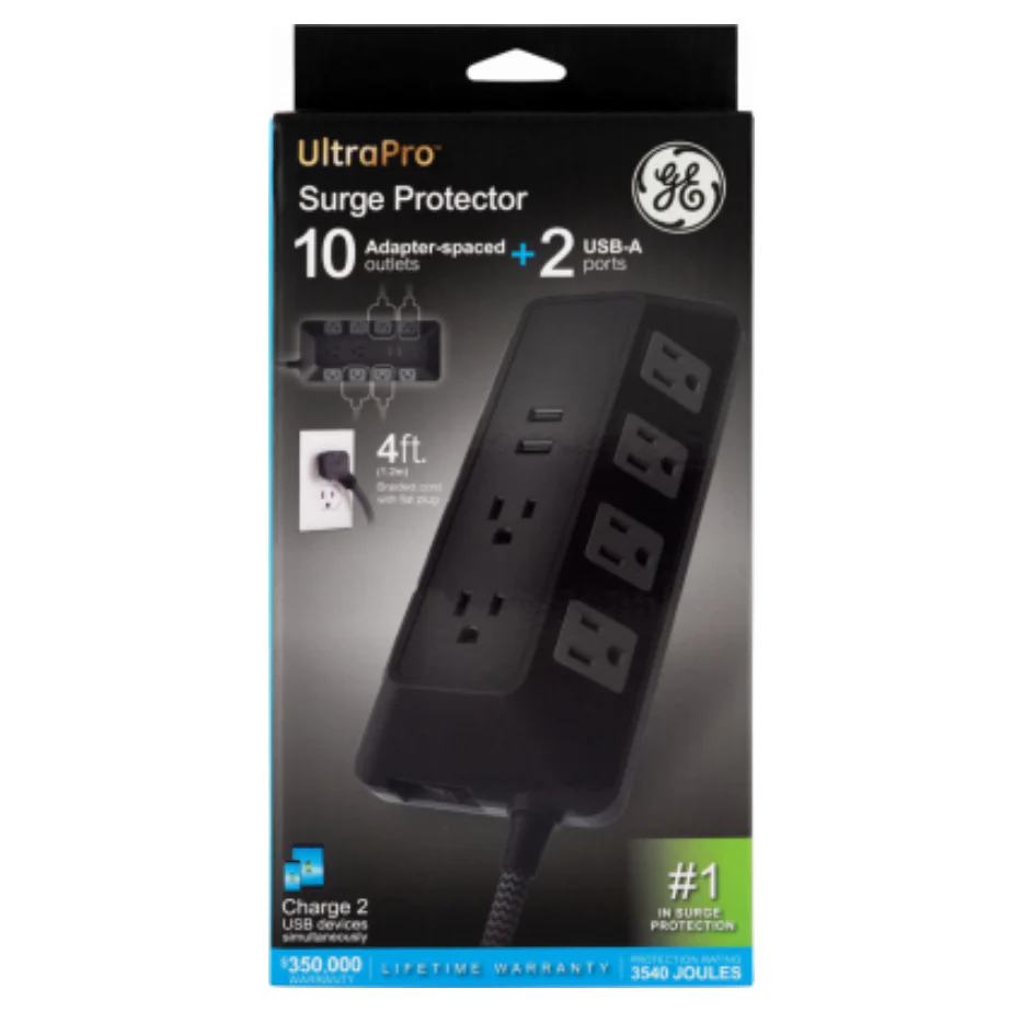 GE Surge Protector Power Strip – 10 Outlets – 2 USB – 4 Ft. Cord