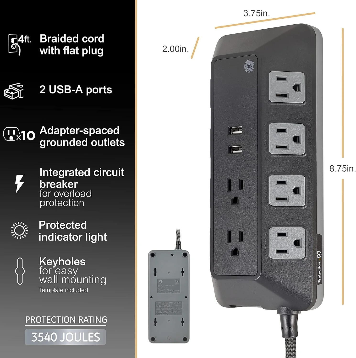 GE Surge Protector Power Strip – 10 Outlets – 2 USB – 4 Ft. Cord - Image 4