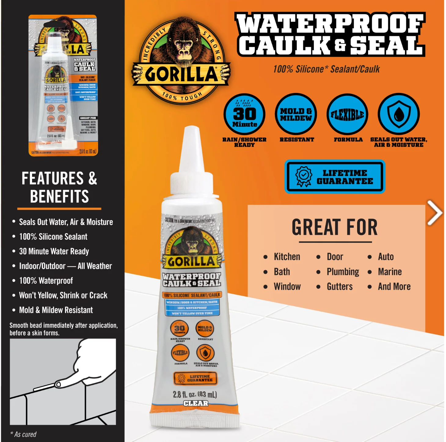 Gorilla Silicone Sealant Tube – Clear – 2.8 oz. - Image 2