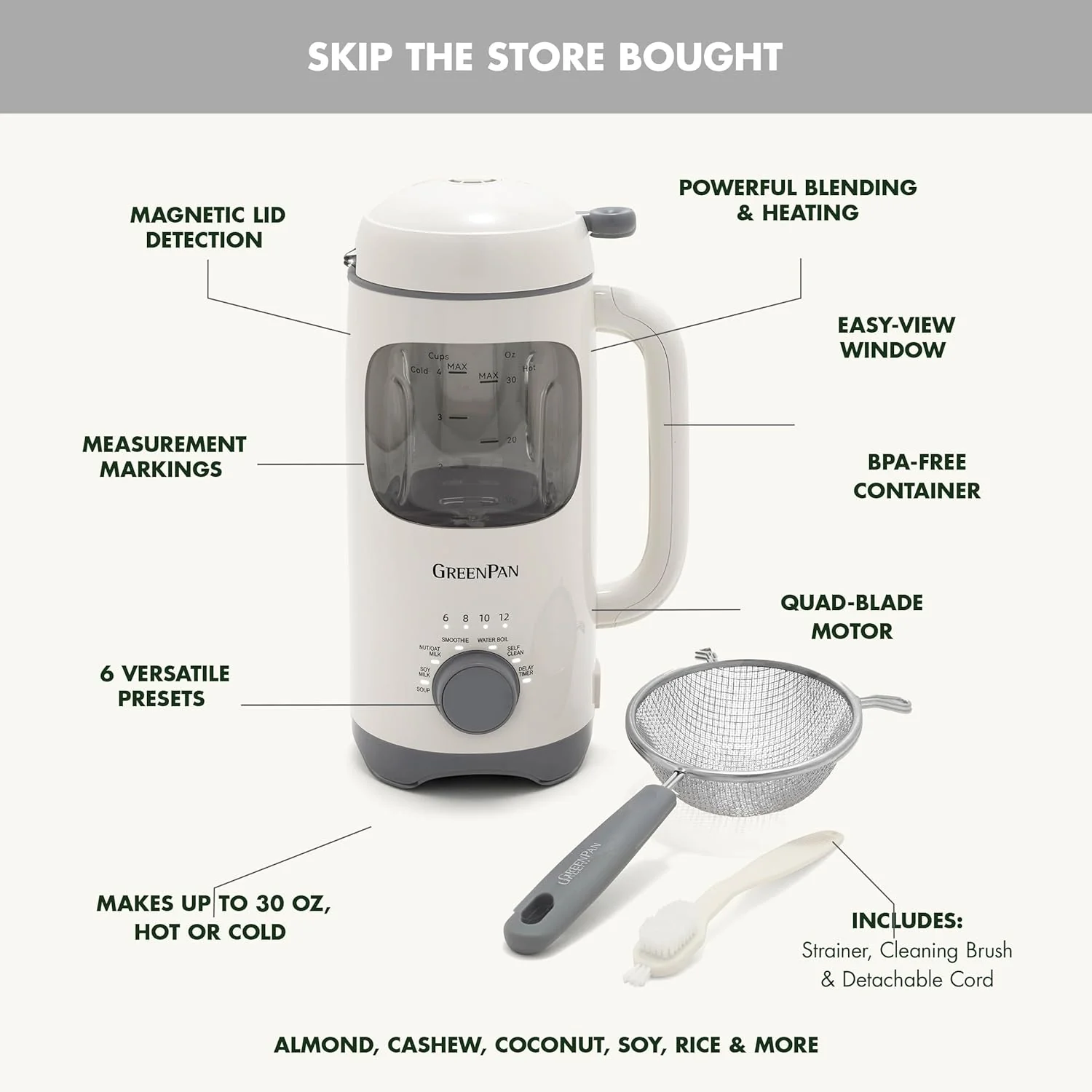 GreenPan Nut Milk Maker – 15-in-1 for Homemade Plant-Based Non-Dairy Beverages – 30oz - Image 6
