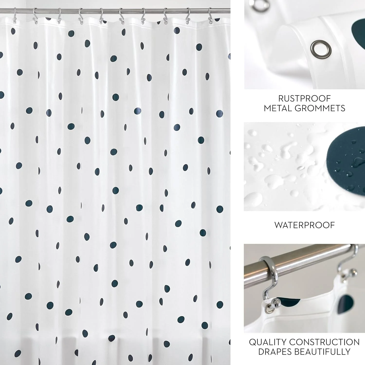 IDesign Water Resistant Peva Shower Curtain – Black Dots – 72" x 72" - Image 2