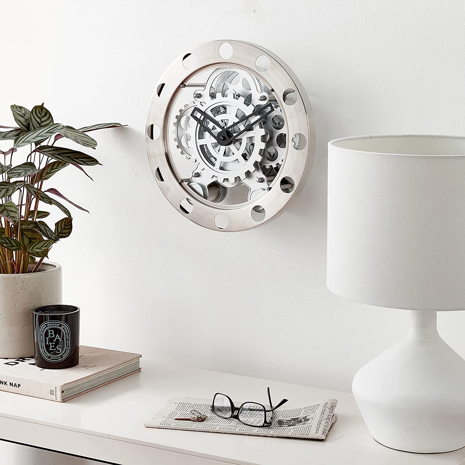 Kikkerland Gear Wall Clock – Nickel/White - 14" - Image 3