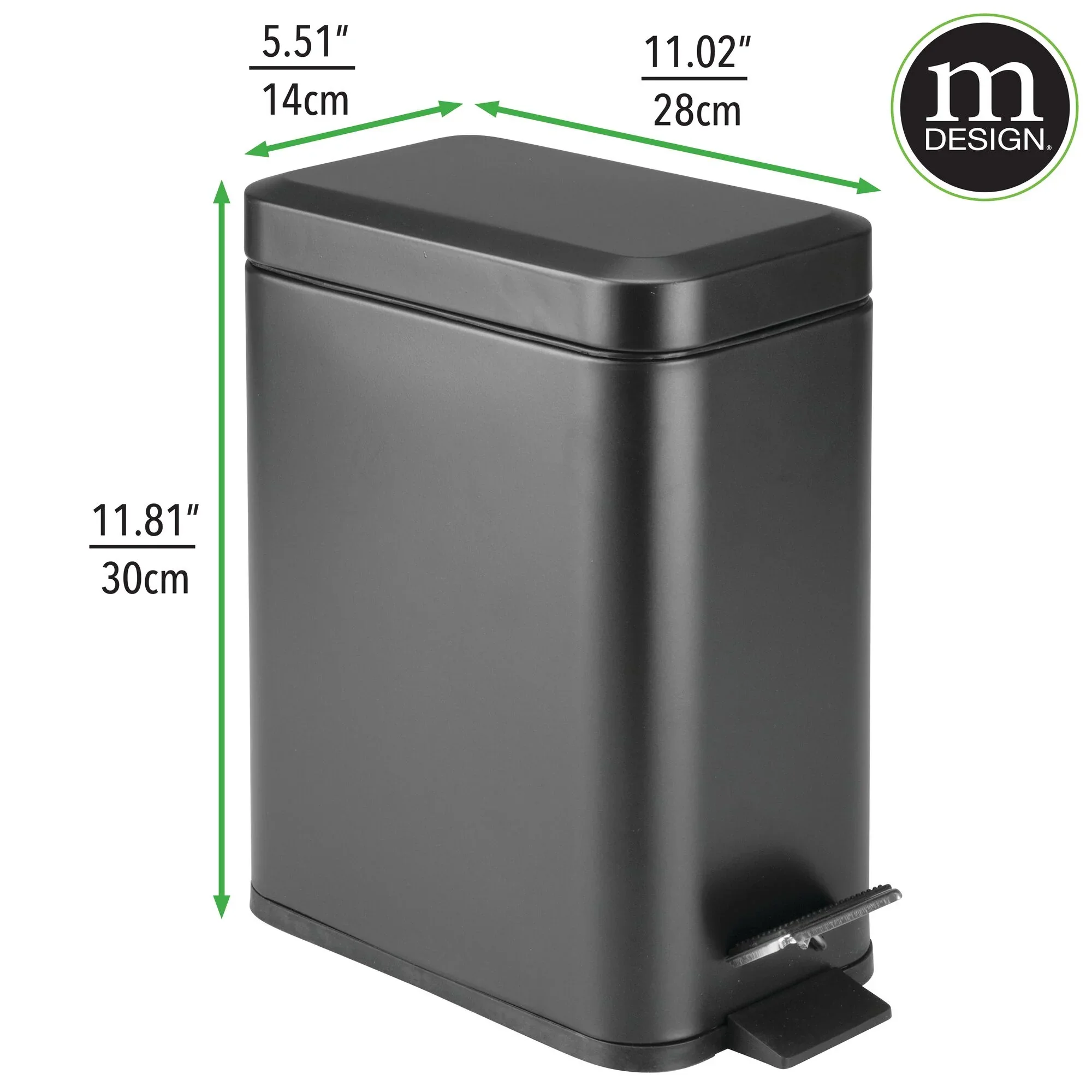mDesign Small Modern 1.3 Gallon Rectangle Metal Lidded Step Trash Can – Matte Black - Image 2