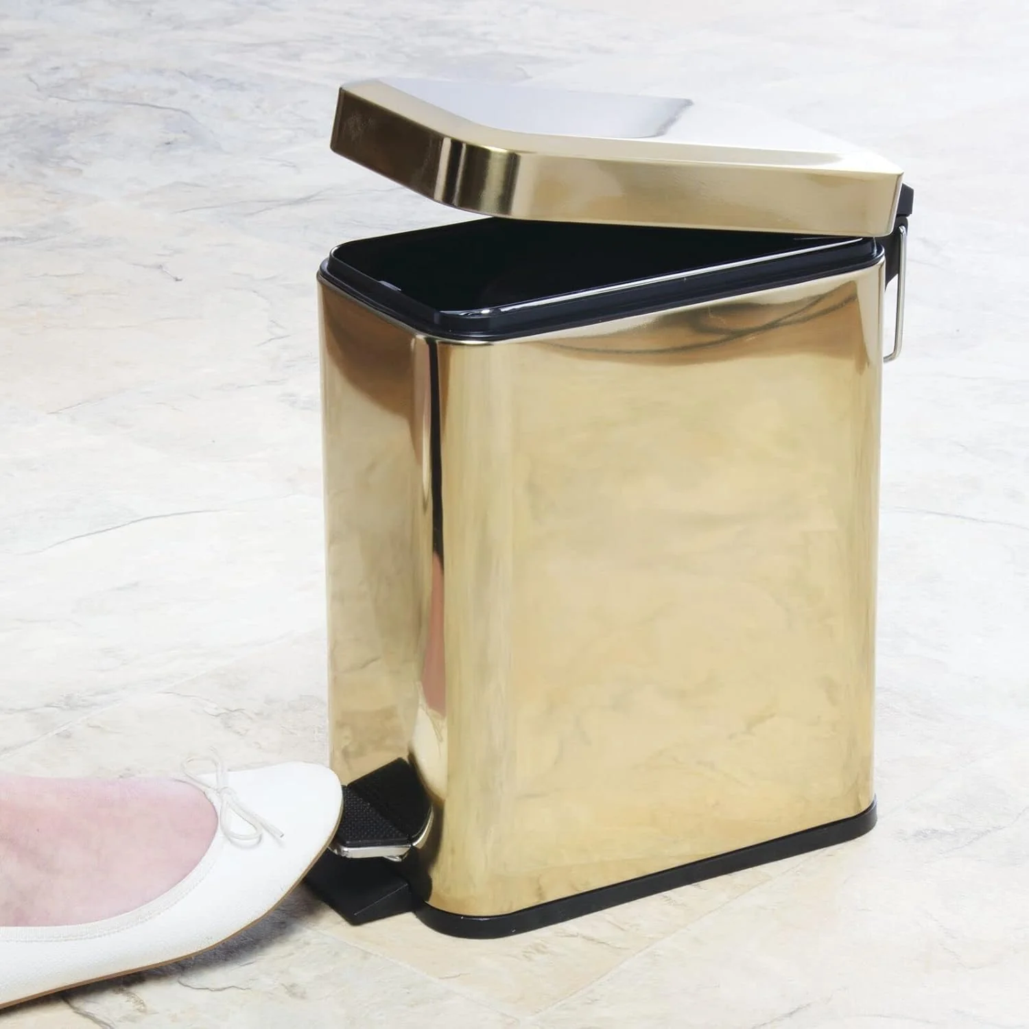 mDesign Small Modern 1.3 Gallon Rectangle Metal Lidded Step Trash Can – Soft Brass - Image 4