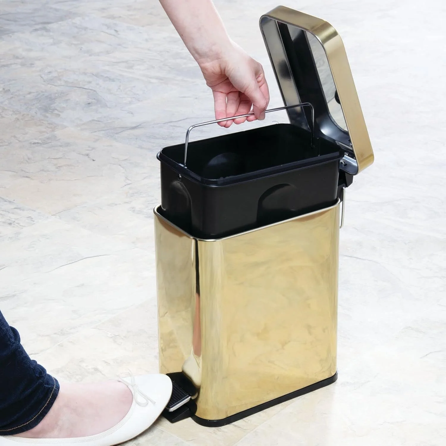 mDesign Small Modern 1.3 Gallon Rectangle Metal Lidded Step Trash Can – Soft Brass - Image 5