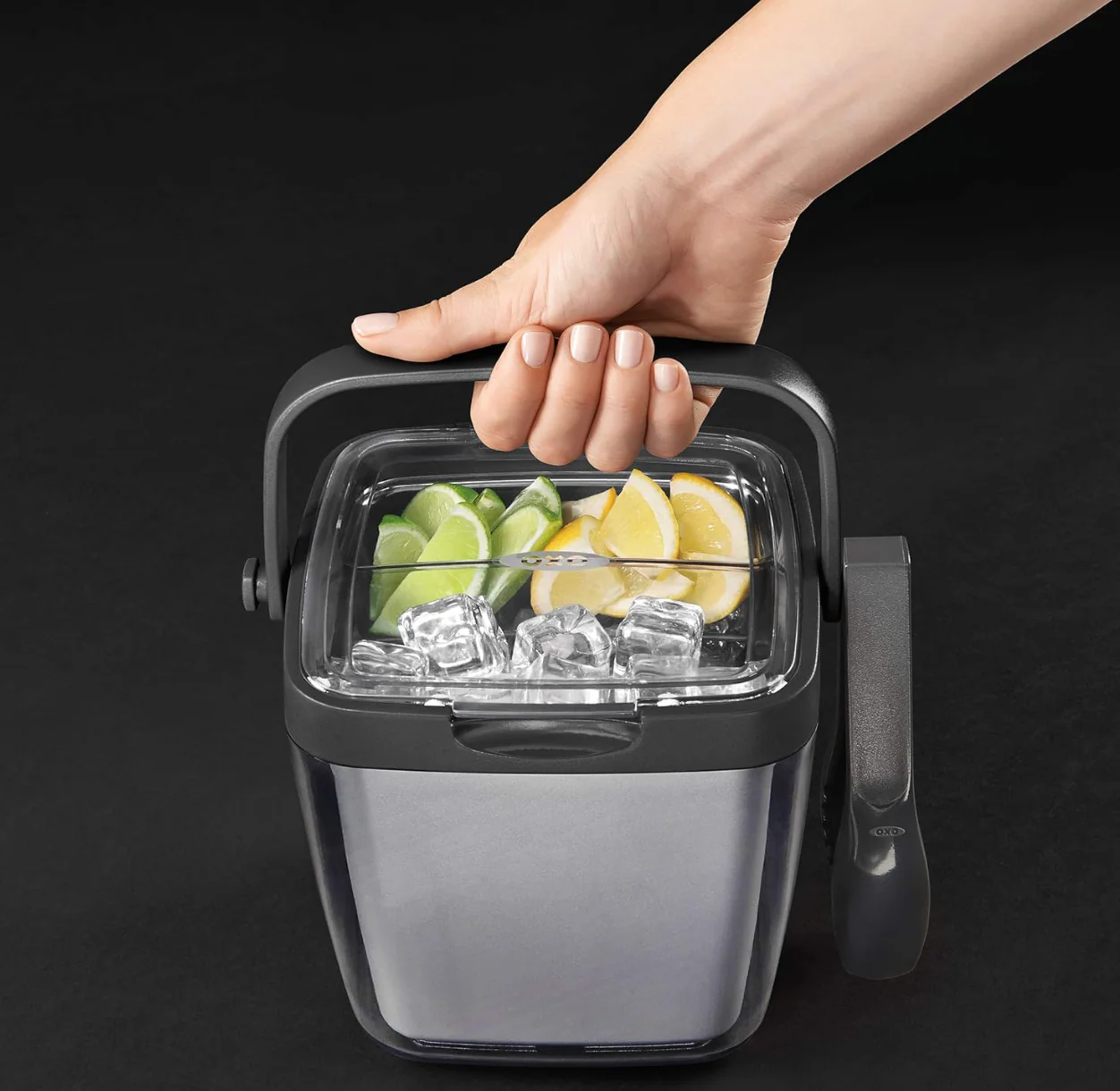 OXO Good Grips Double Wall Ice Bucket with Tongs and Garnish Tray – Grey - Image 5