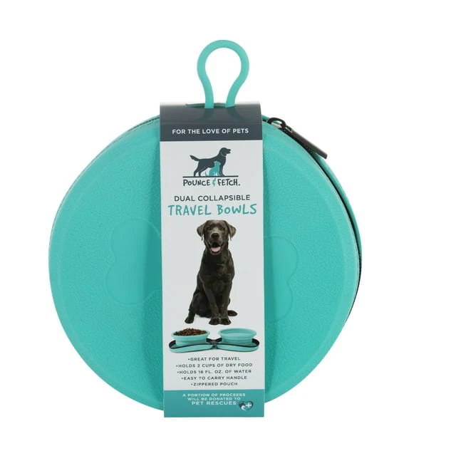 Pounce + Fetch Silicone Travel Double Bowl with Case W. Zipper 18oz