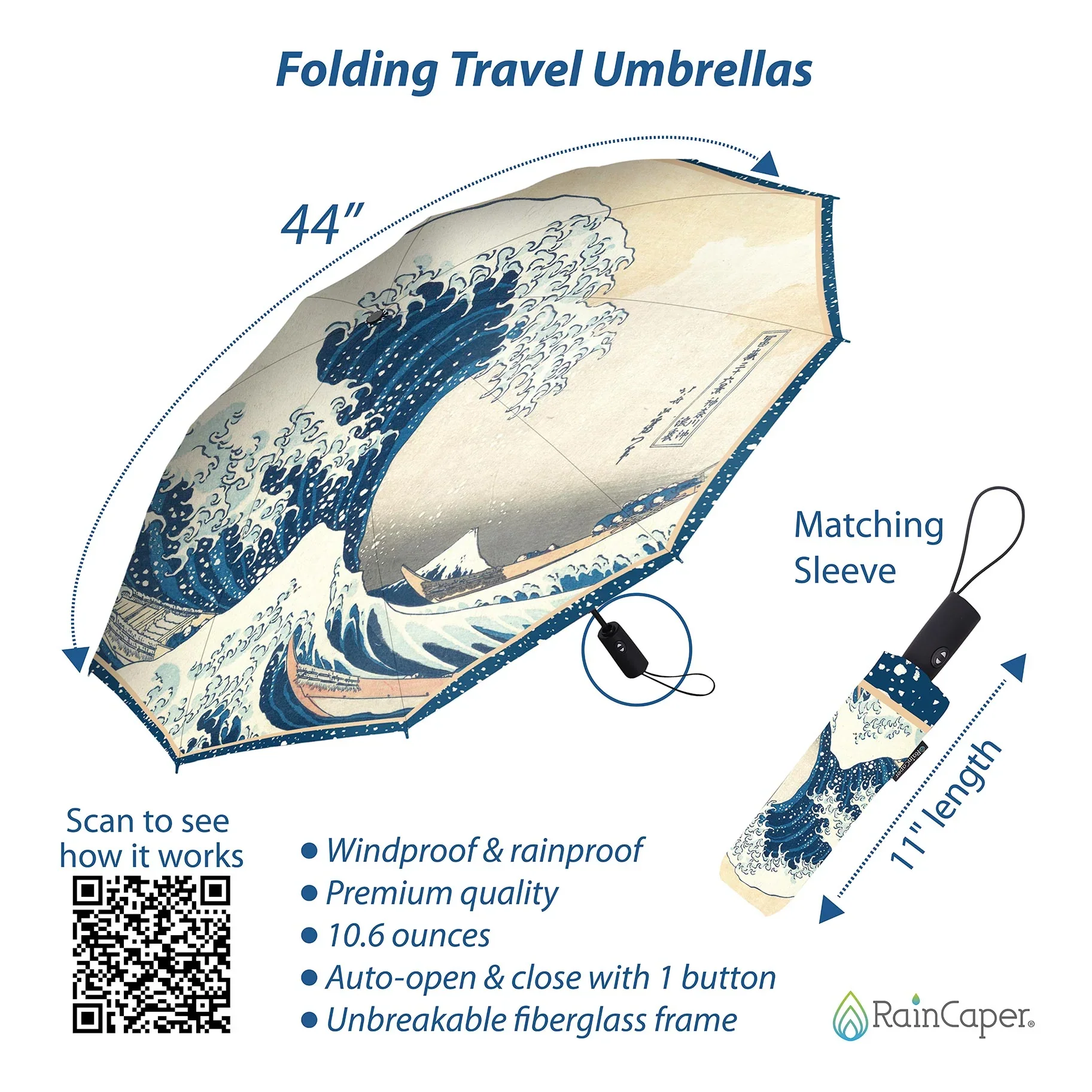 RainCaper Folding Travel Umbrella – Hokusai – The Great Wave - Image 3
