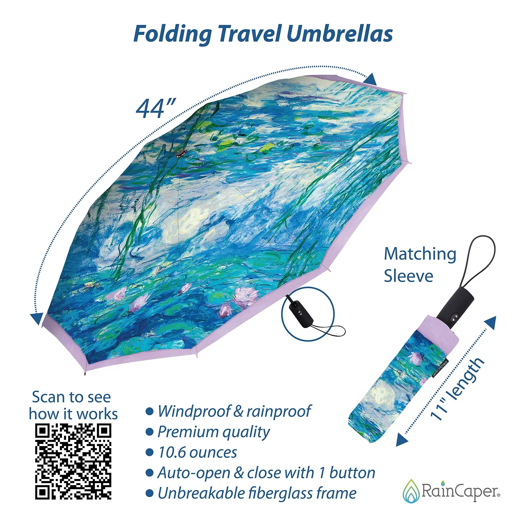 RainCaper Folding Travel Umbrella – Monet – Nympheas - Image 3