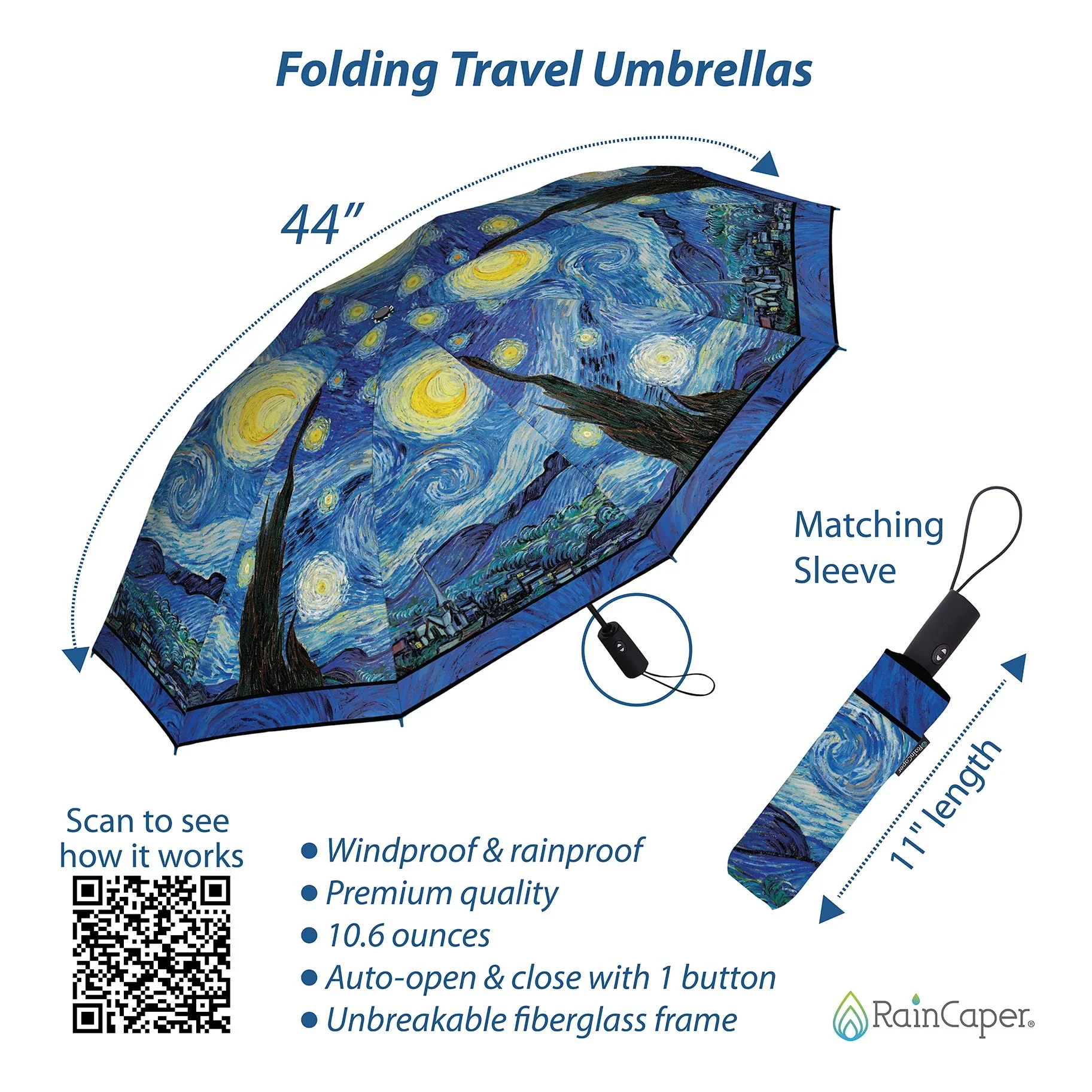 RainCaper Folding Travel Umbrella – Van Gogh – Starry Night - Image 3