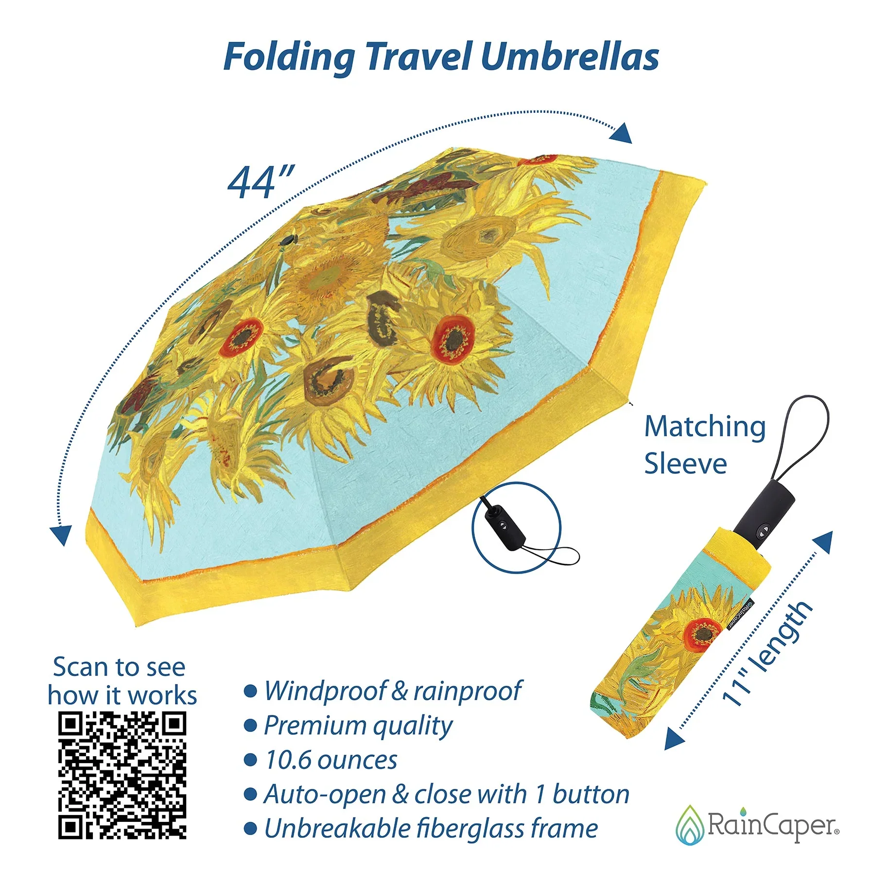 RainCaper Folding Travel Umbrella – Van Gogh – Sunflowers - Image 3