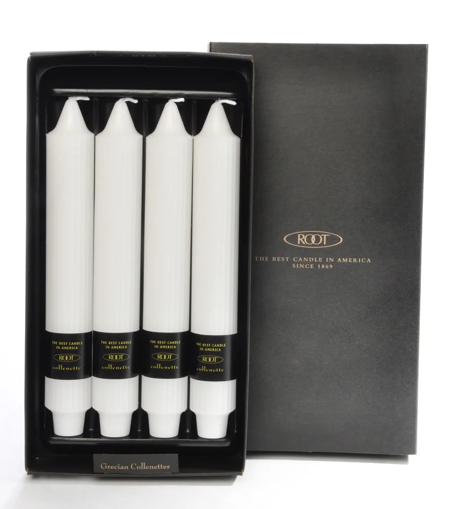 Root Grecian Collenette Candle – White – 9" – Box of 4
