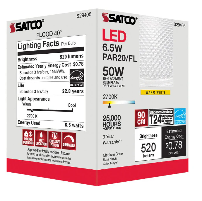 Satco 6.5 Watt (50W Equivalent) PAR20 LED 2700K Medium E26 Base - Image 3