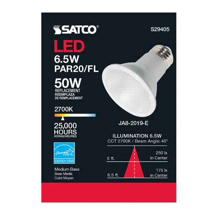 Satco 6.5 Watt (50W Equivalent) PAR20 LED 2700K Medium E26 Base - Image 4
