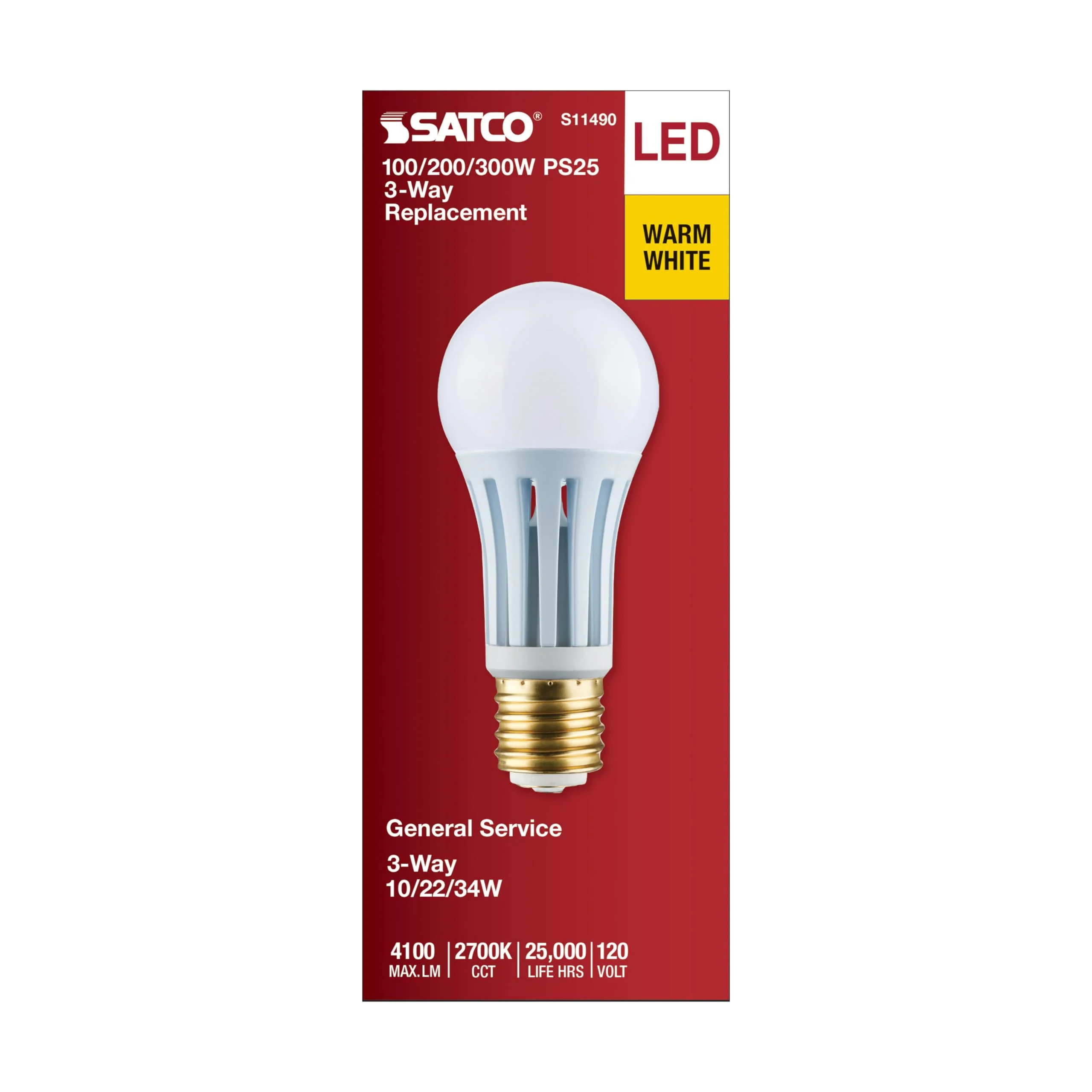 Satco LED 3-Way Frosted PS25 Mogul Bulb – 10/22/34W – 100/200/300 Equivalent – Warm White - Image 2