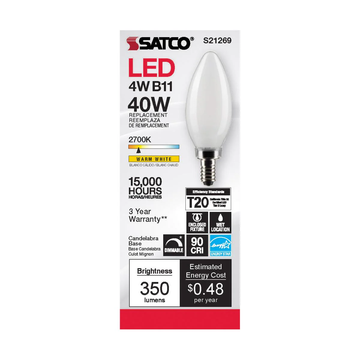 Satco LED 40W Equivalent Frosted Torpedo Bulb – 4W – E12 Candelabra Base – Warm White – 2700K - Image 4