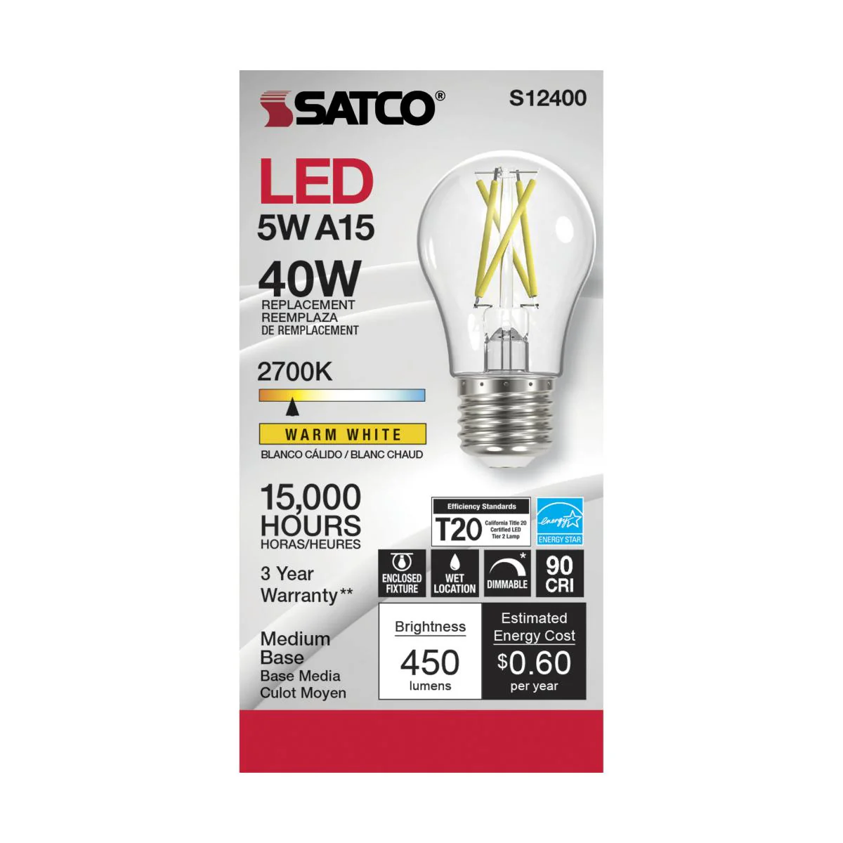 Satco LED A15 Classic Appliance Light Bulb – 5W – 40W Equivalent – E26 Base – Clear – 2700K - Image 2