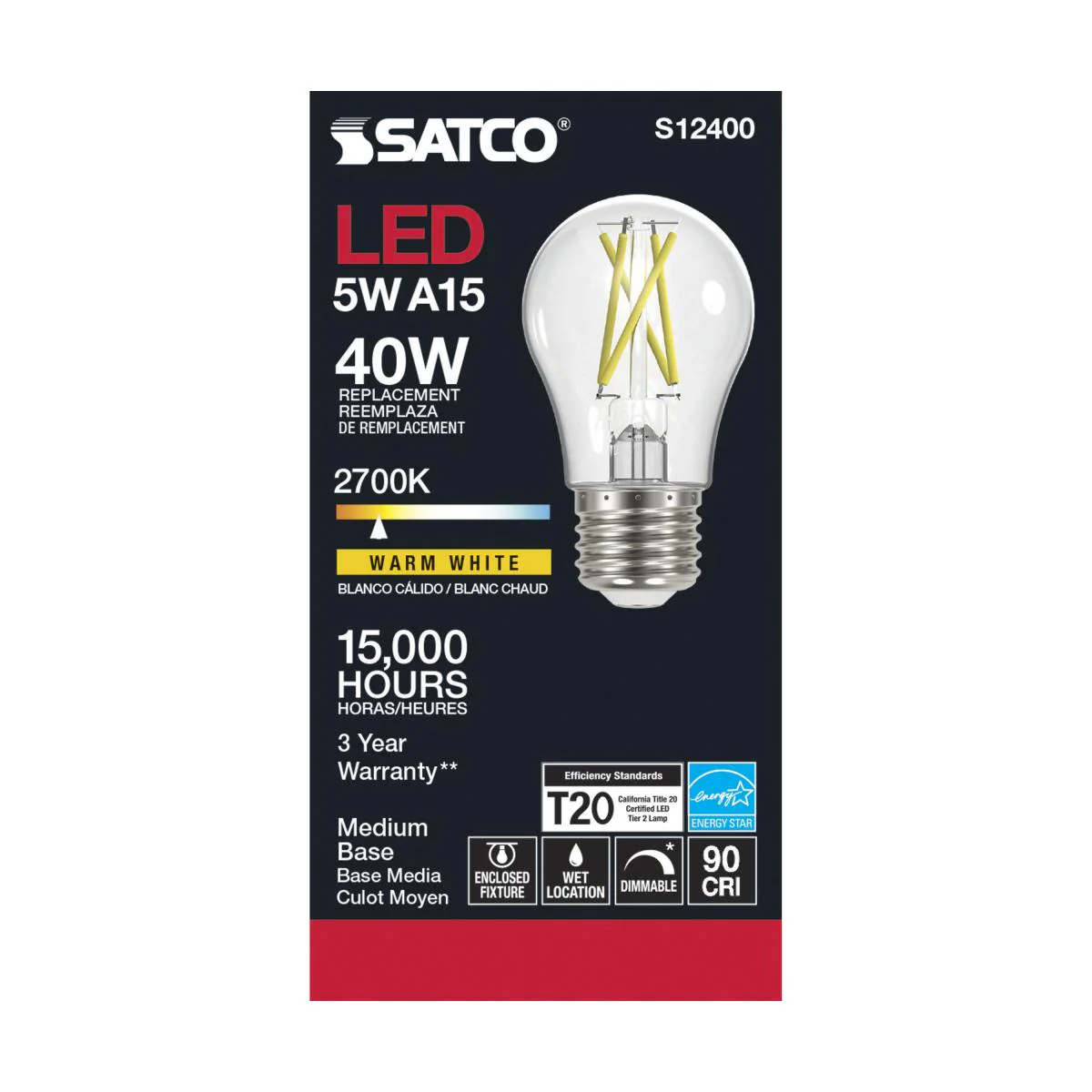 Satco LED A15 Classic Appliance Light Bulb – 5W – 40W Equivalent – E26 Base – Clear – 2700K - Image 3