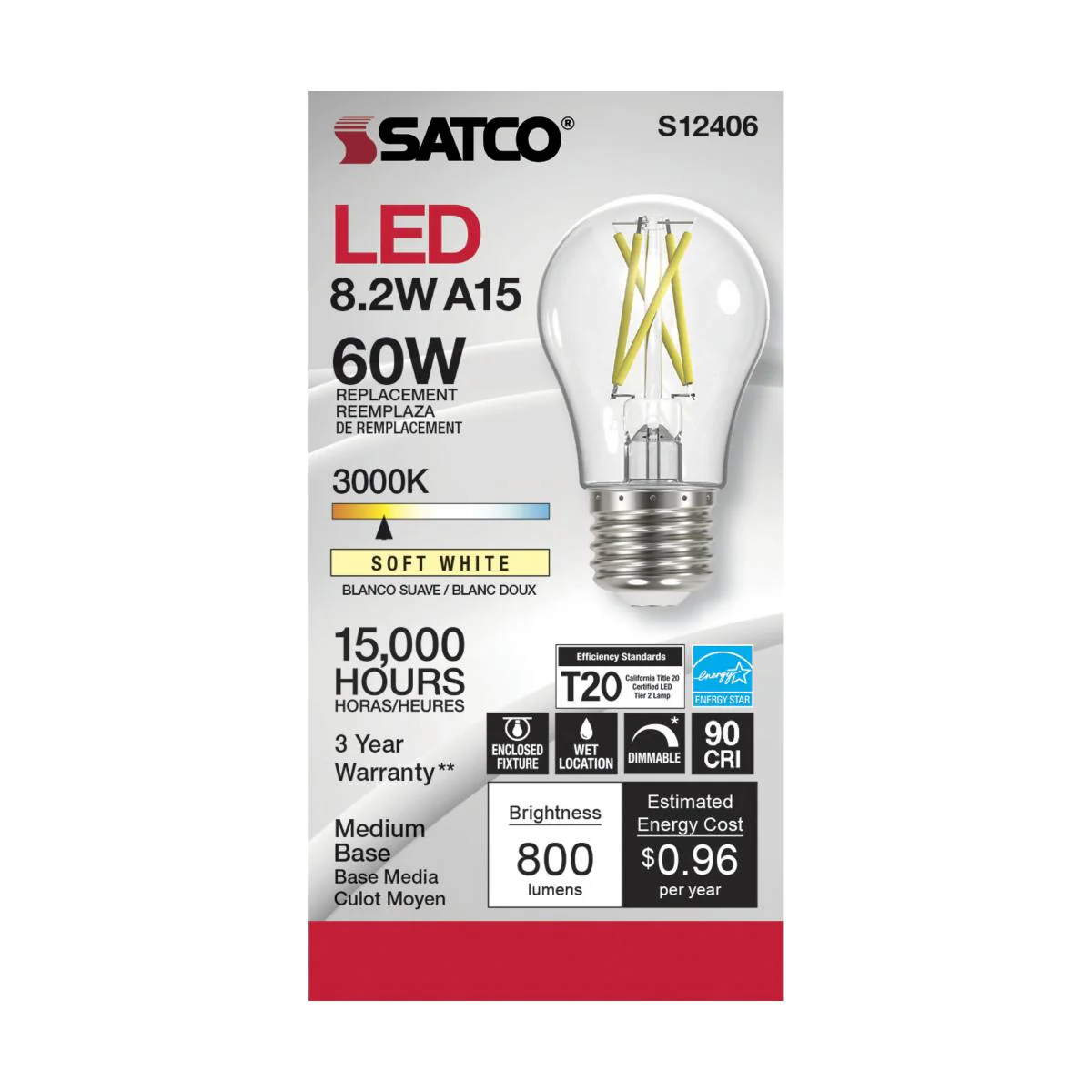 Satco LED A15 Classic Appliance Light Bulb – 8.2W – 60W Equivalent – E26 Base – Clear – 3000K - Image 2