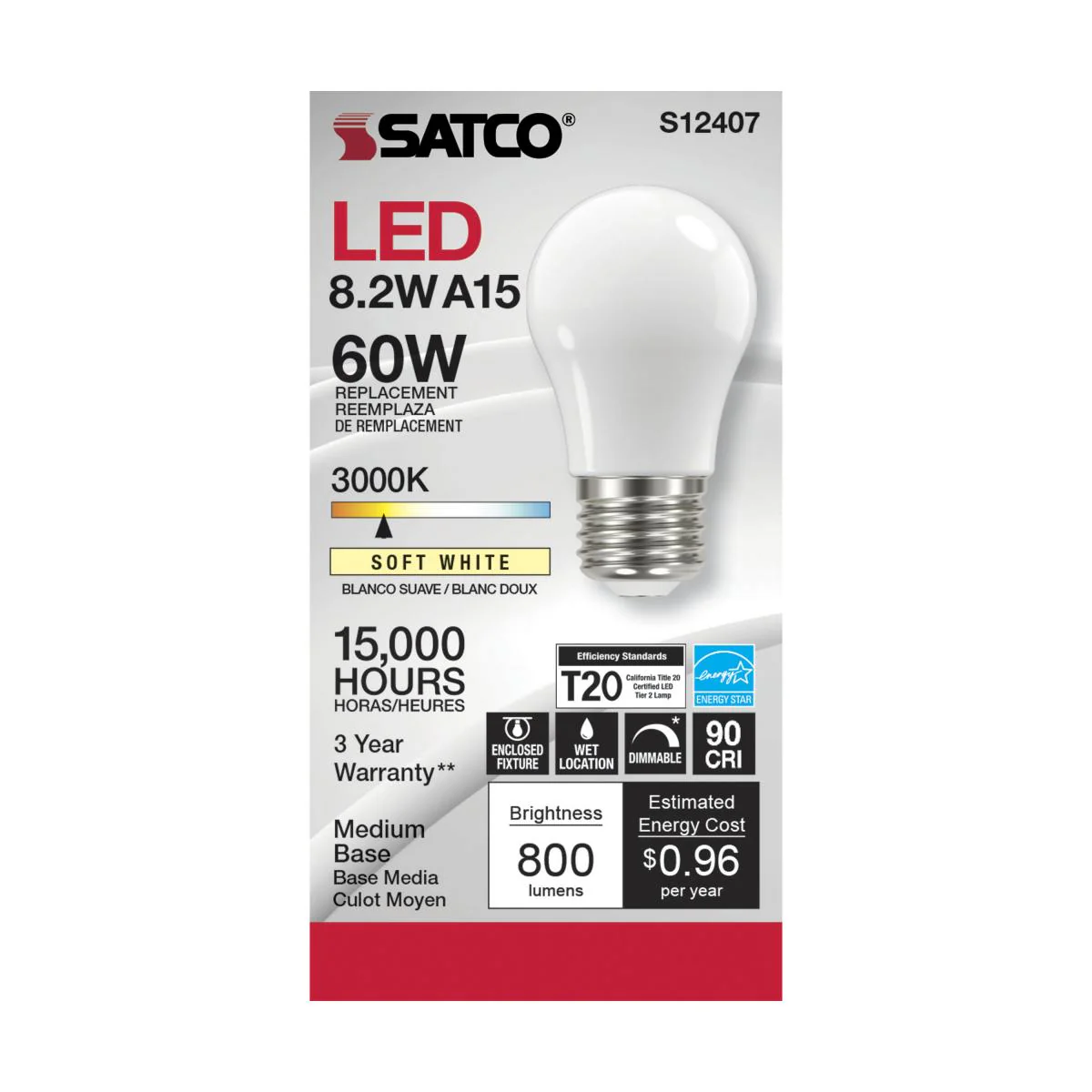 Satco LED A15 Classic Appliance Light Bulb - Frosted – 8.2W – 60W Equivalent – E26 Base – Warm White – 3000K - Image 2