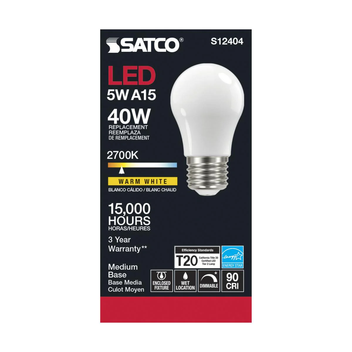Satco LED A15 Classic Appliance Light Bulb - Frosted – 5W – 40W Equivalent – E26 Base – Warm White – 2700K - Image 3