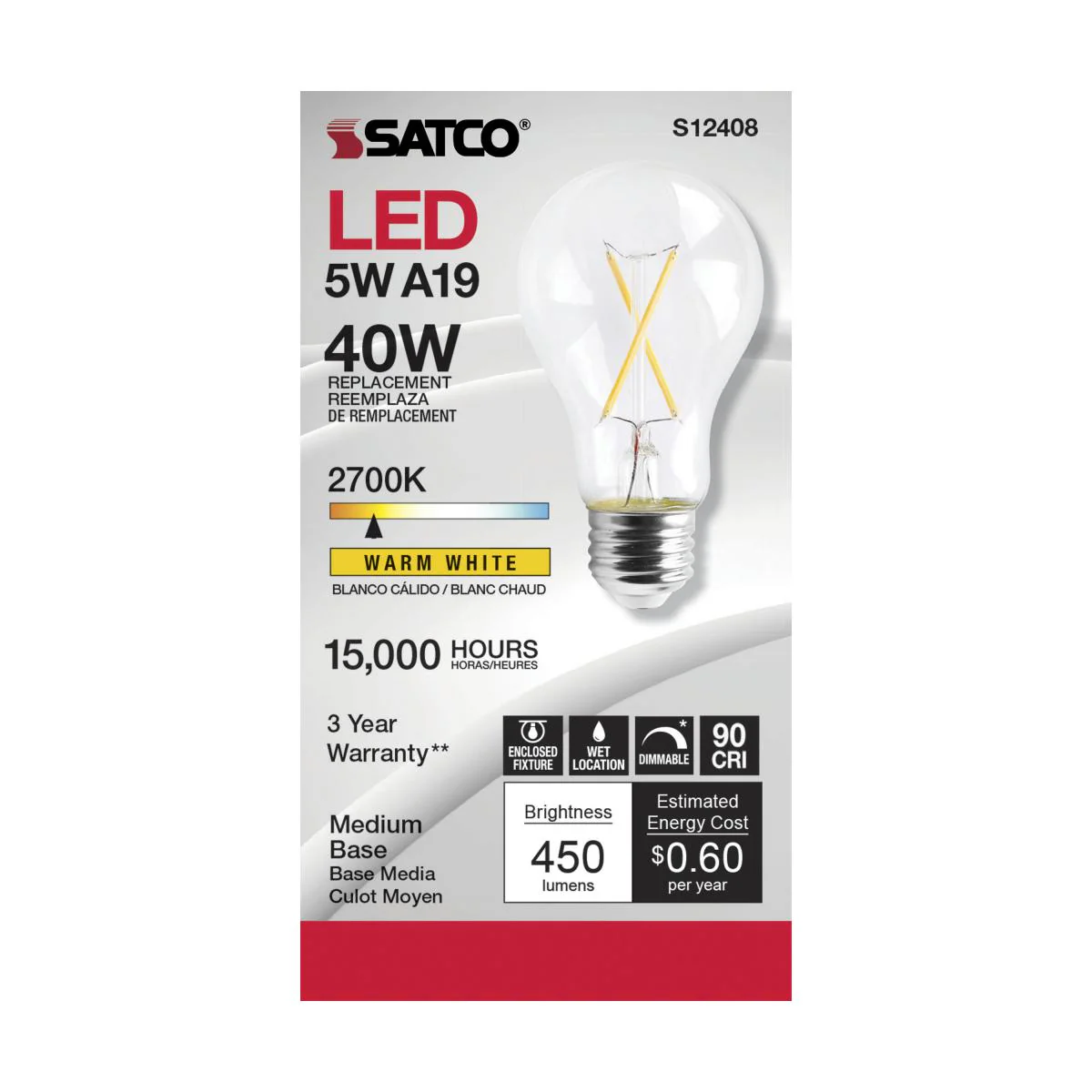 Satco LED A19 Classic Light Bulb Replacement – 5W – 40W Equivalent – E26 Base – Clear – 2700K - Image 2