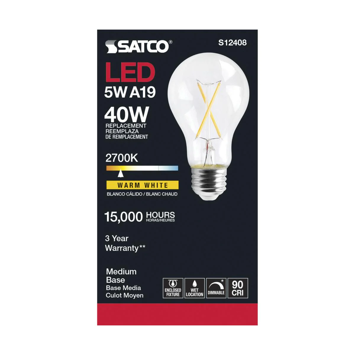 Satco LED A19 Classic Light Bulb Replacement – 5W – 40W Equivalent – E26 Base – Clear – 2700K - Image 3