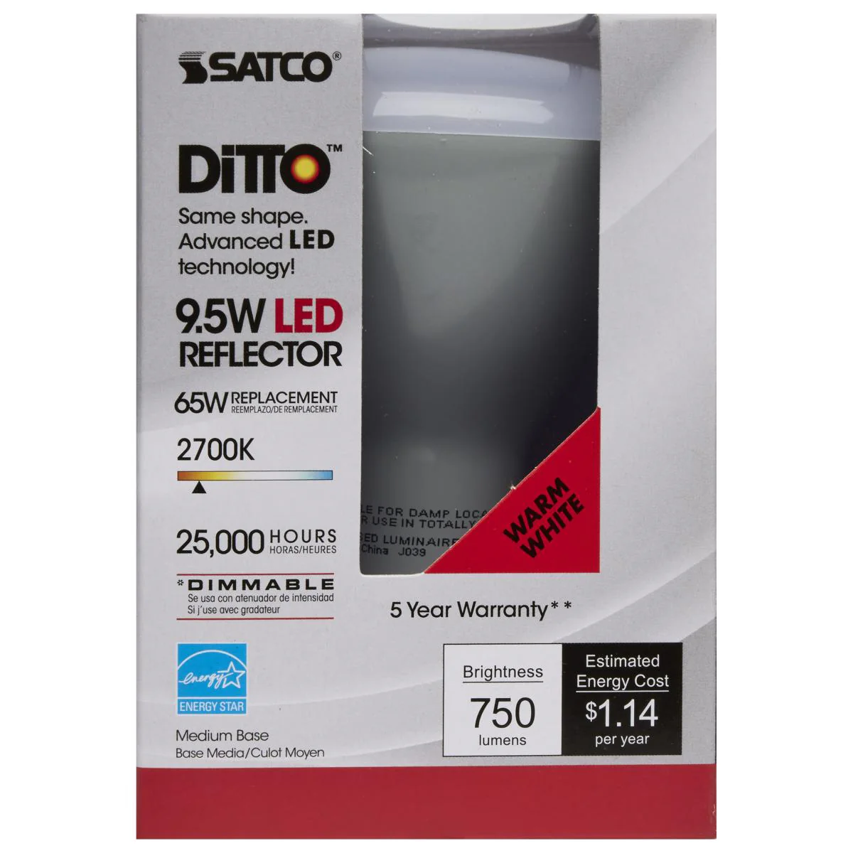 Satco LED BR30 Reflector Light Bulb – 9.5W – 65W Equivalent – E26 Base – Warm White – 2700K - Image 2