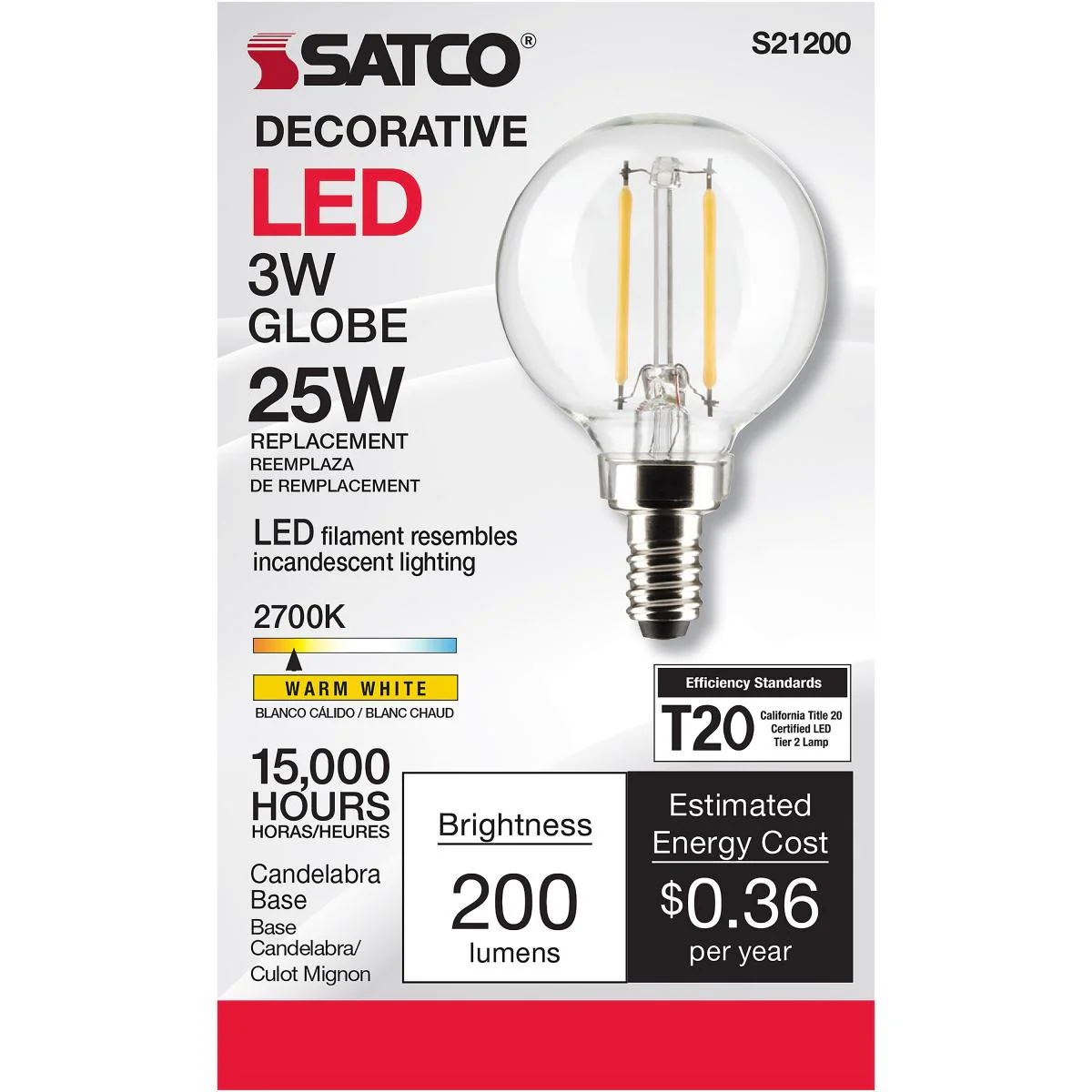Satco LED G16.5 Globe Light Bulb – 3W – 25W Equivalent – E12 Base – Clear – 2700K - Image 2