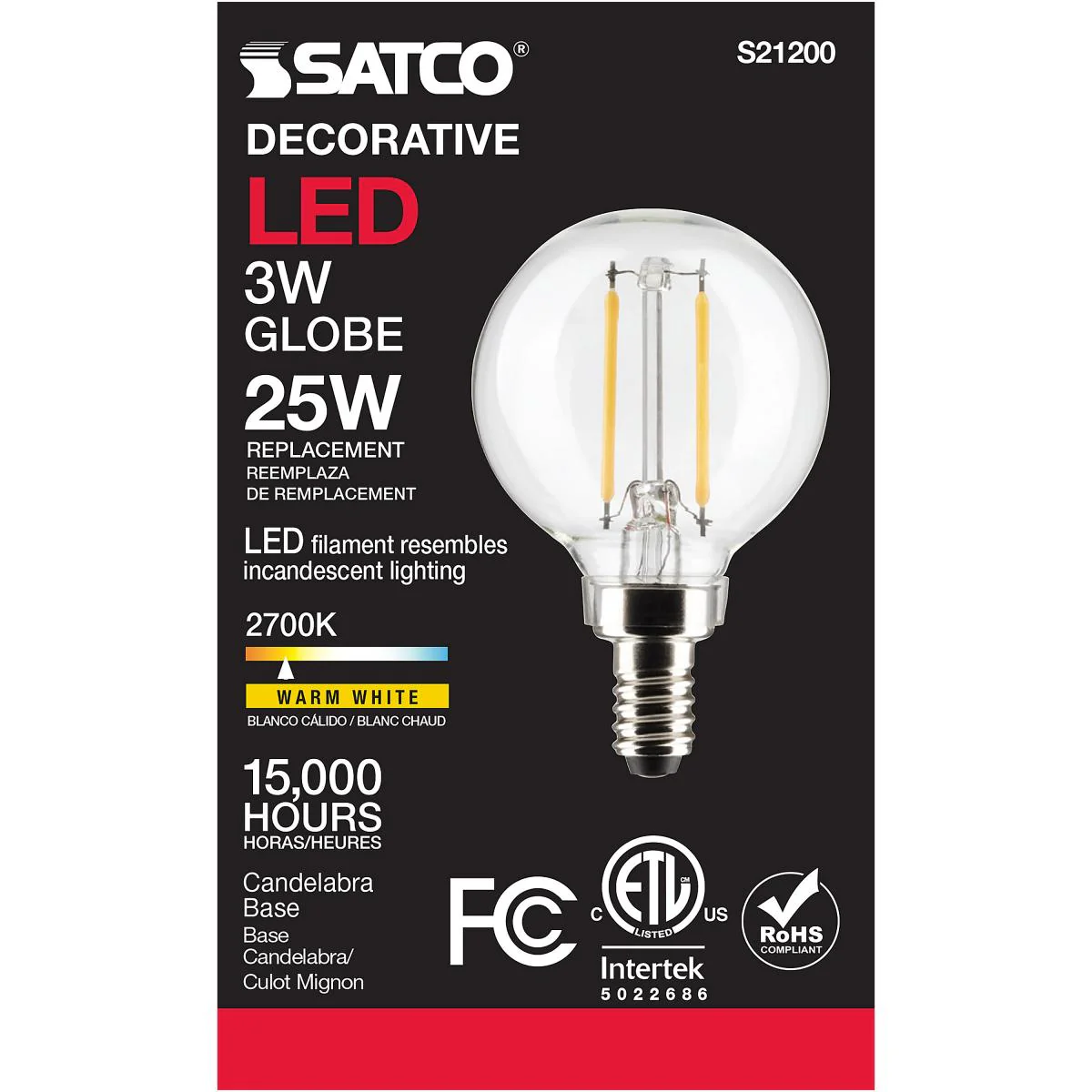 Satco LED G16.5 Globe Light Bulb – 3W – 25W Equivalent – E12 Base – Clear – 2700K - Image 3