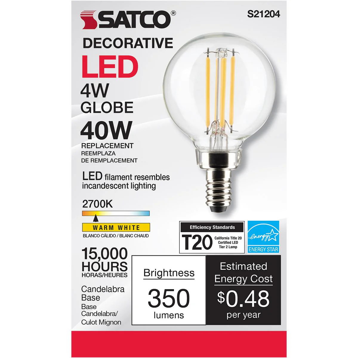 Satco LED G16.5 Globe Light Bulb – 4W – 40W Equivalent – E12 Base – Clear – 2700K - Image 2