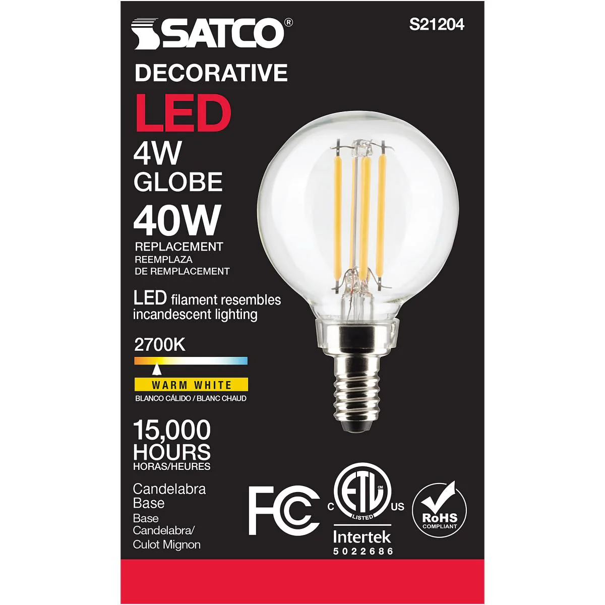 Satco LED G16.5 Globe Light Bulb – 4W – 40W Equivalent – E12 Base – Clear – 2700K - Image 3
