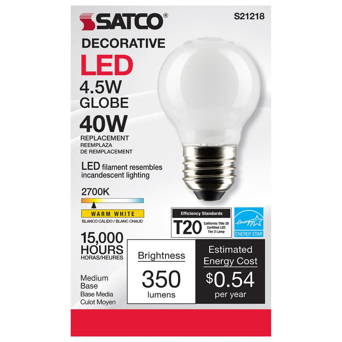 Satco LED G16.5 Globe Light Bulb Replacement – Frosted – 4.5W – 40W Equivalent – E26 Base – Warm White – 2700K - Image 2
