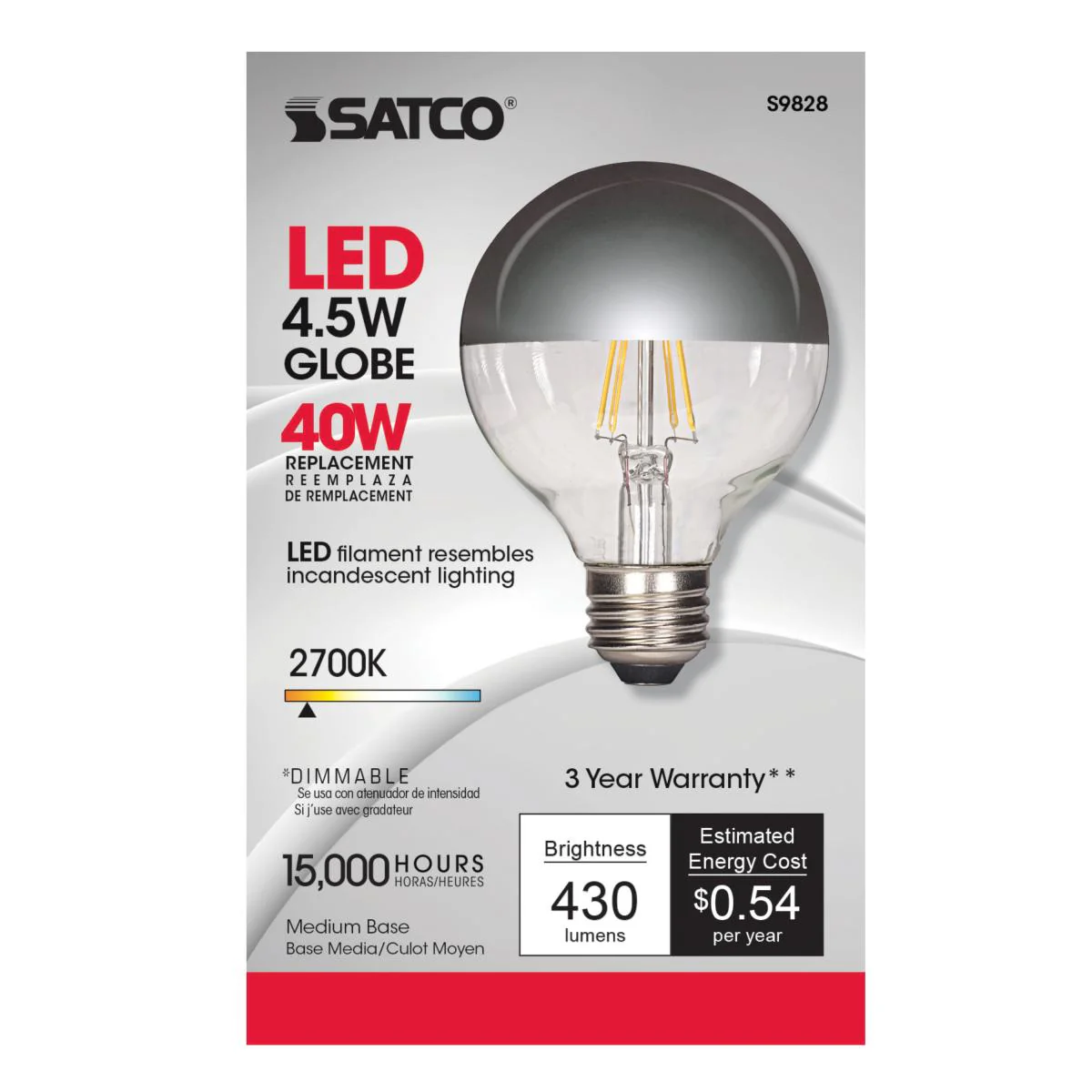 Satco LED G25 Silver Crown Globe Light Bulb – 4.5W – 40W Equivalent – E26 Base –  2700K - Image 2