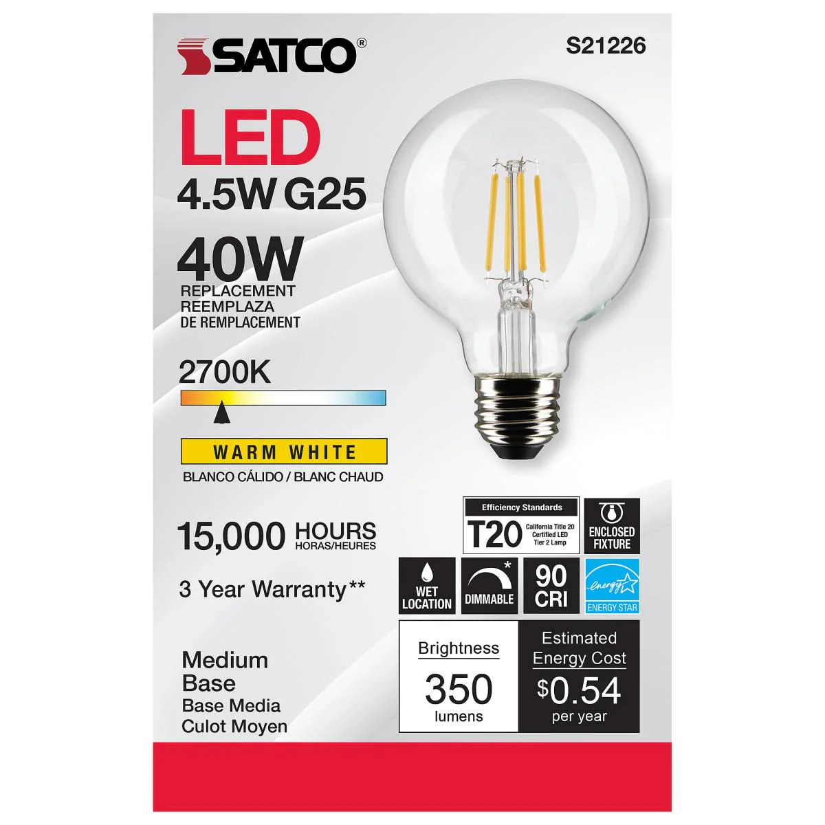 Satco LED G25 Globe Light Bulb – 4.5W – 40W Equivalent – E26 Base – Clear – 2700K - Image 2