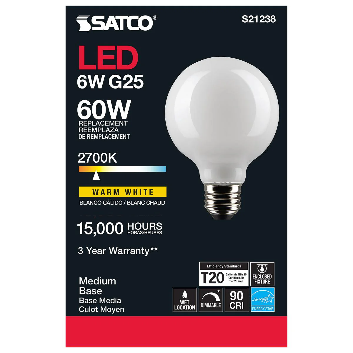Satco LED G25 Globe Light Bulb – 6W – 60W Equivalent – E26 Base – Frosted – Warm White – 2700K - Image 3