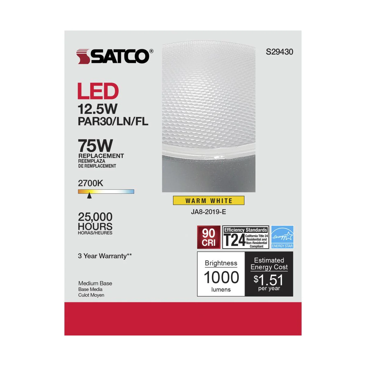 Satco LED PAR30LN Bulb – 12.5W – 75W Halogen Equivalent – E26 Base – Warm White – 2700K - Image 2