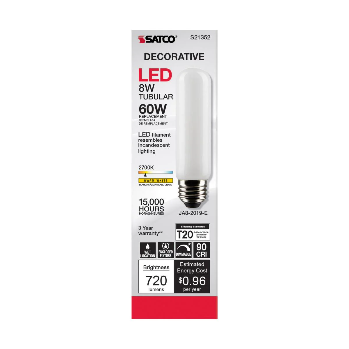 Satco LED T10 Tubular Light Bulb – 8W – 60W Equivalent – E26 Base – Warm White – 2700K - Image 2