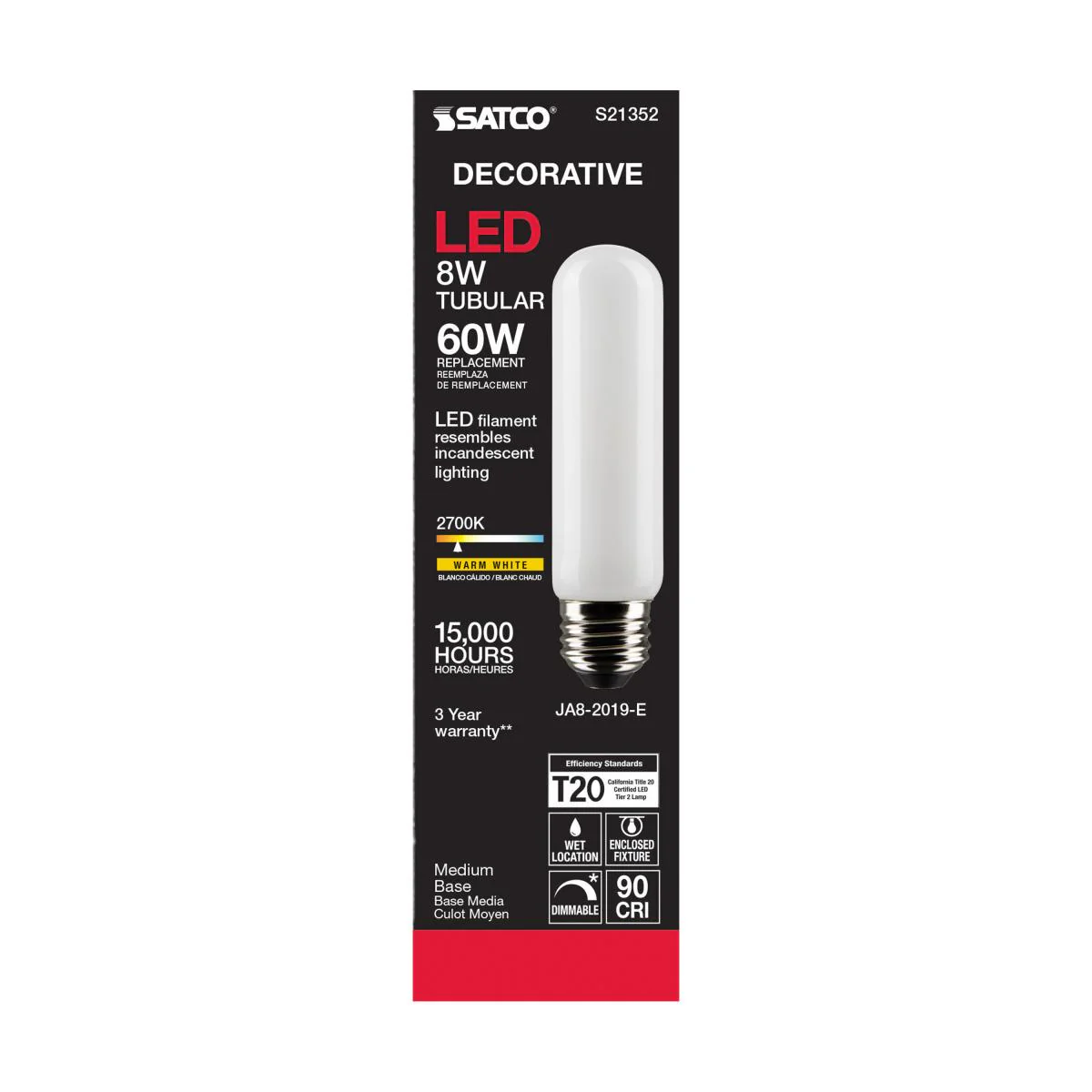 Satco LED T10 Tubular Light Bulb – 8W – 60W Equivalent – E26 Base – Warm White – 2700K - Image 3