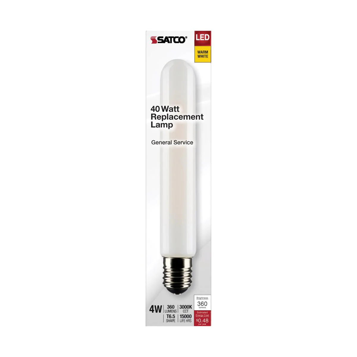 Satco LED T6.5 Frosted Tubular Light Bulb – 4W – 40W Equivalent – E17 Base – Warm White – 3000K - Image 2