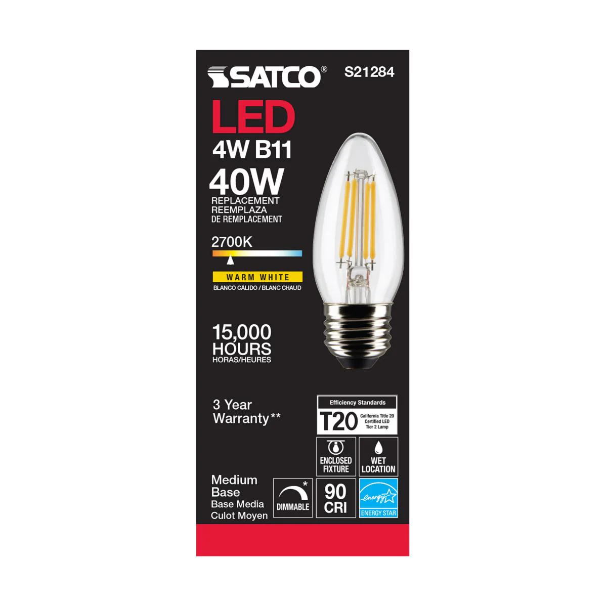 Satco LED Medium Base 40W Equivalent Torpedo Bulb – 4W – E26 Edison Base – Clear – 2700K - Image 3