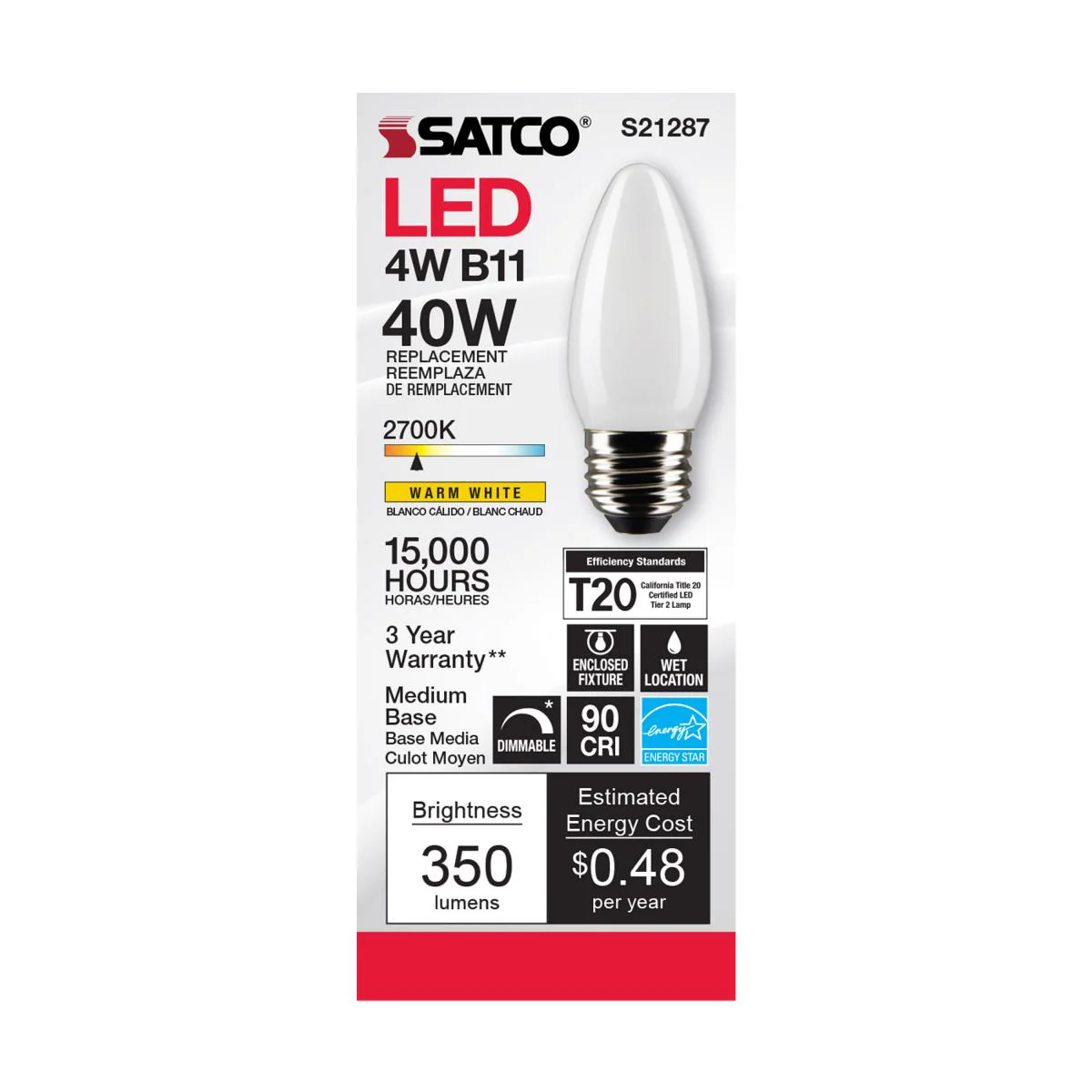 Satco LED Medium Base 40W Equivalent Torpedo Bulb – 4W – Frosted – E26 Edison Base – Warm White – 2700K - Image 2